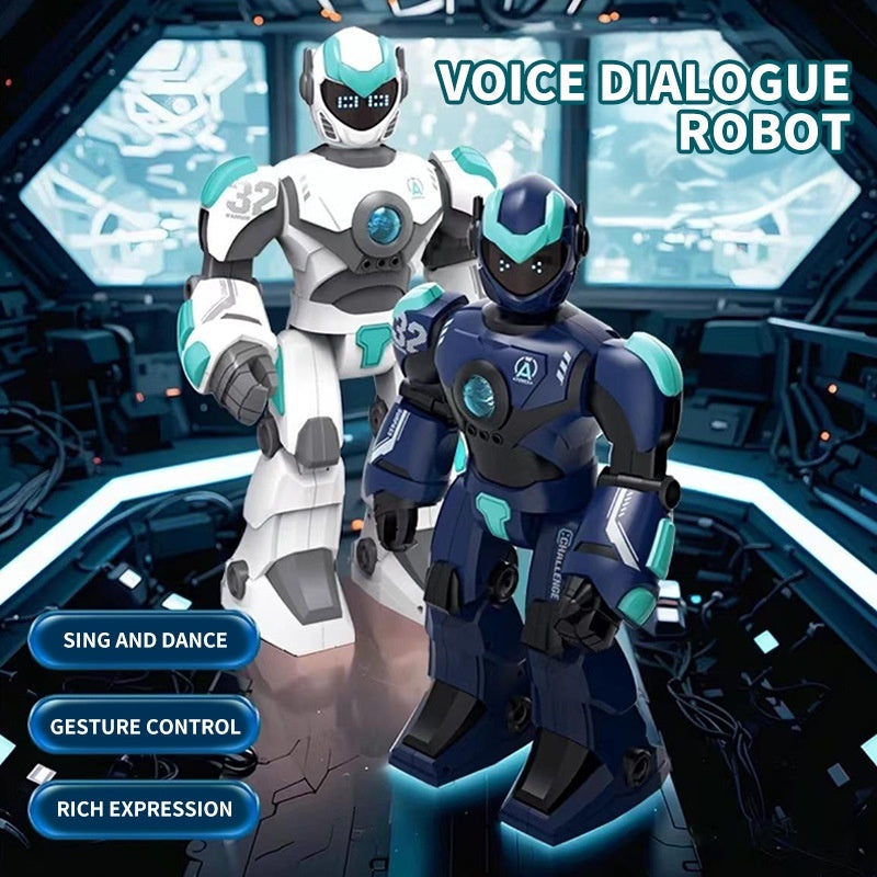 Intelligent voice dialogue robot toy, two models: white and blue robots with teal glowing faces