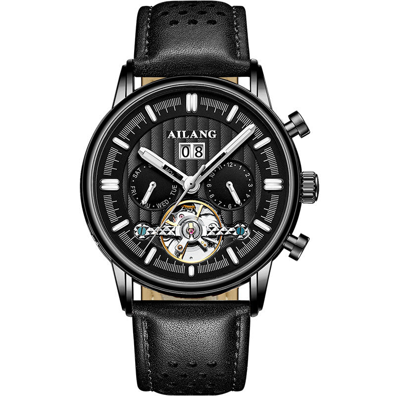 Black wristwatch with visible brand name on a white background
