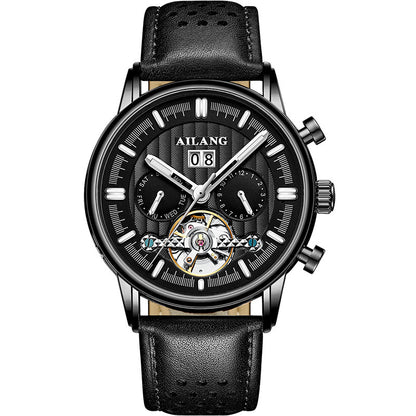 Black wristwatch with visible brand name on a white background