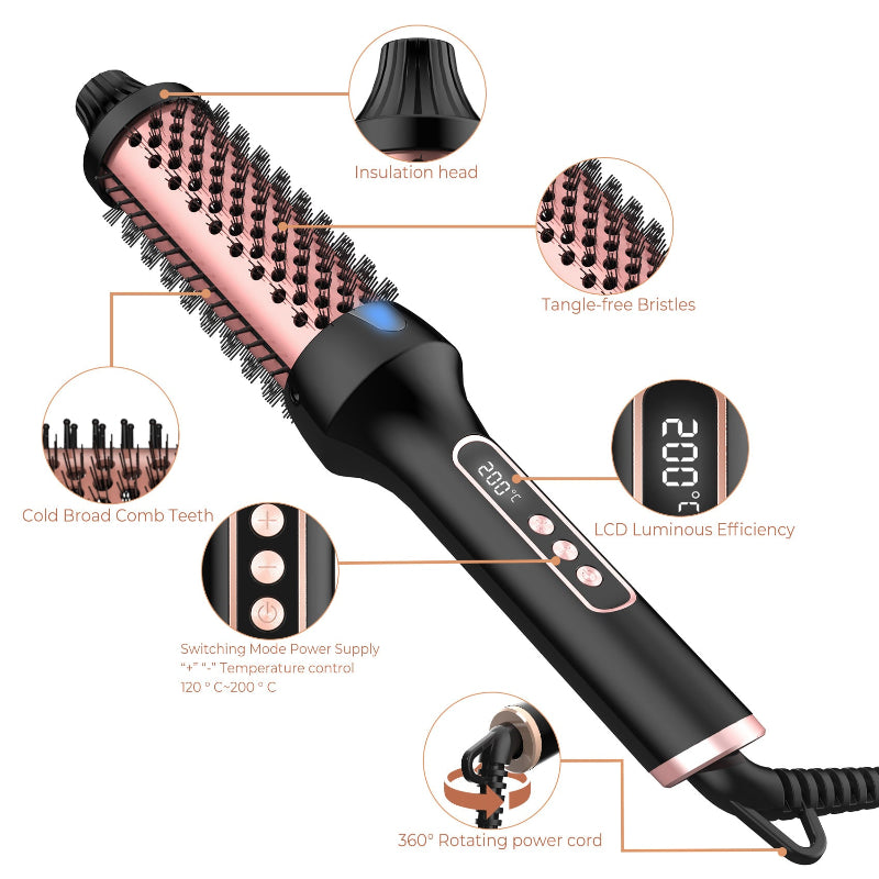 Electric heated hair comb brush with pink bristle barrel, LCD screen, and rotating power cord.