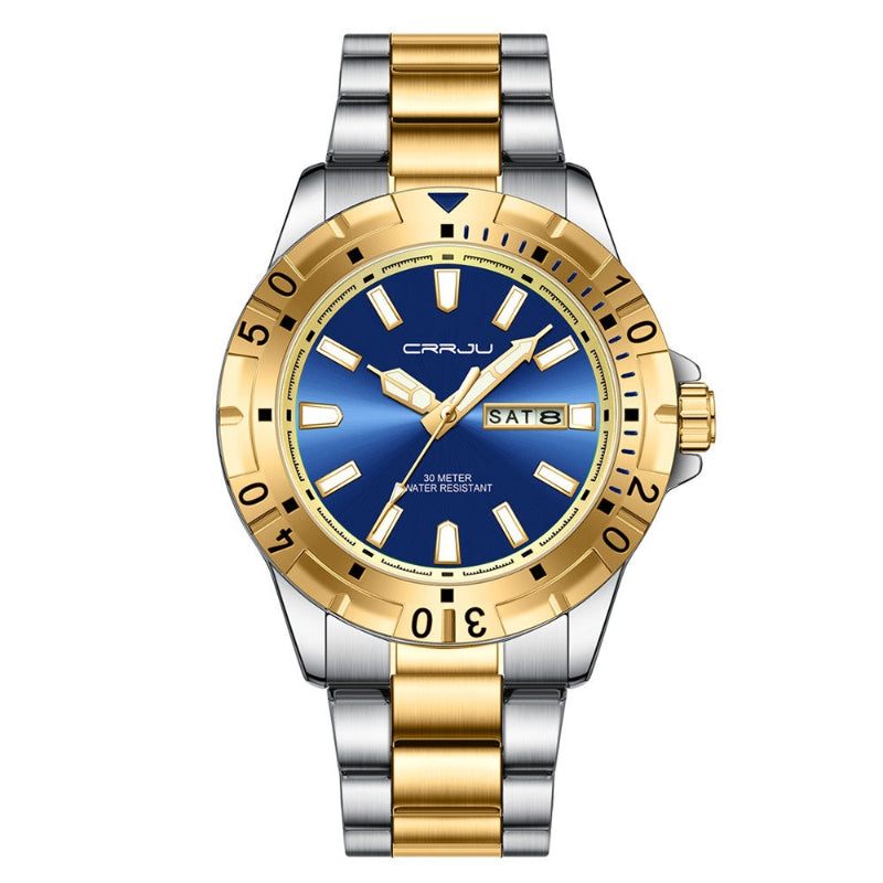 Two-tone gold and silver multifunction quartz business watch with blue dial, SAT8 window