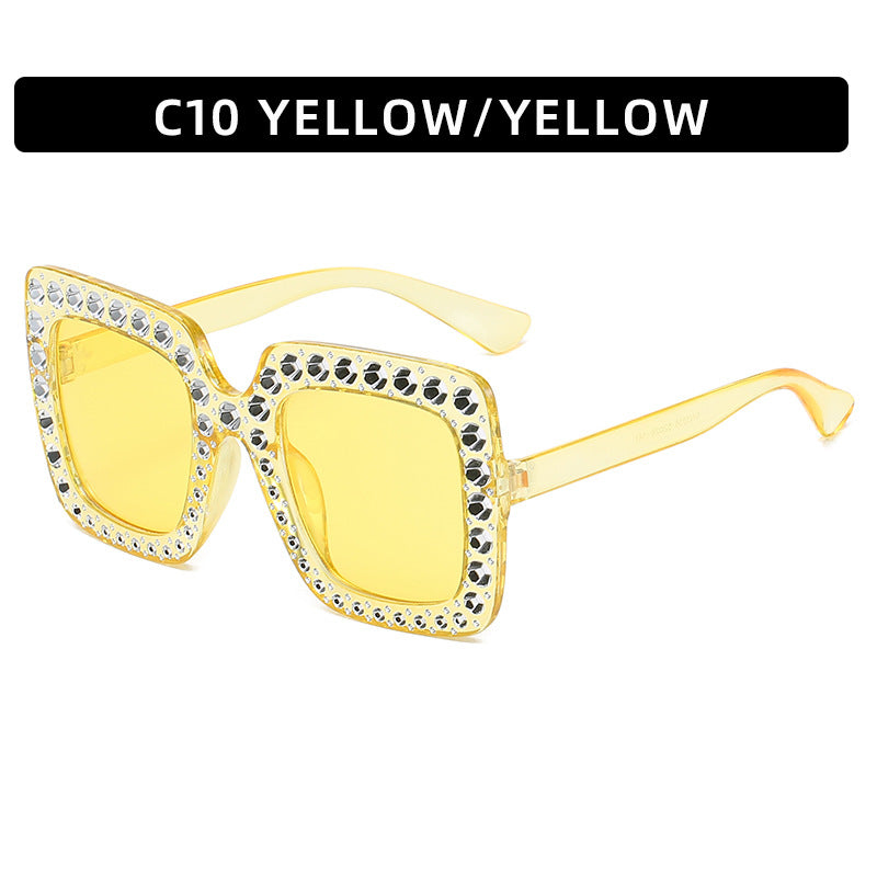 Women's square rhinestone sunglasses, yellow frame with yellow tinted lenses