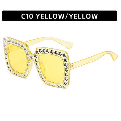 Women's square rhinestone sunglasses, yellow frame with yellow tinted lenses