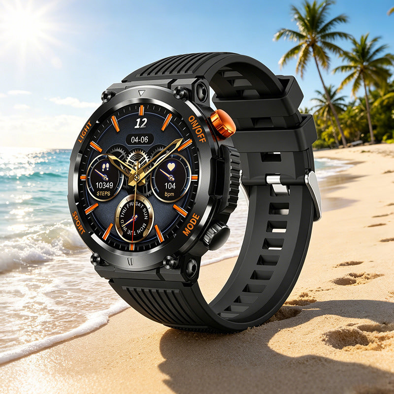 Black sport smartwatch with round face, orange bezel accents, rubber strap