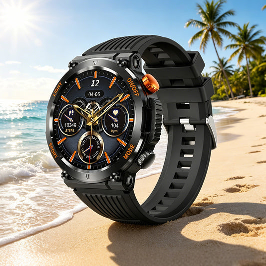 Black sport smartwatch with round face, orange bezel accents, rubber strap