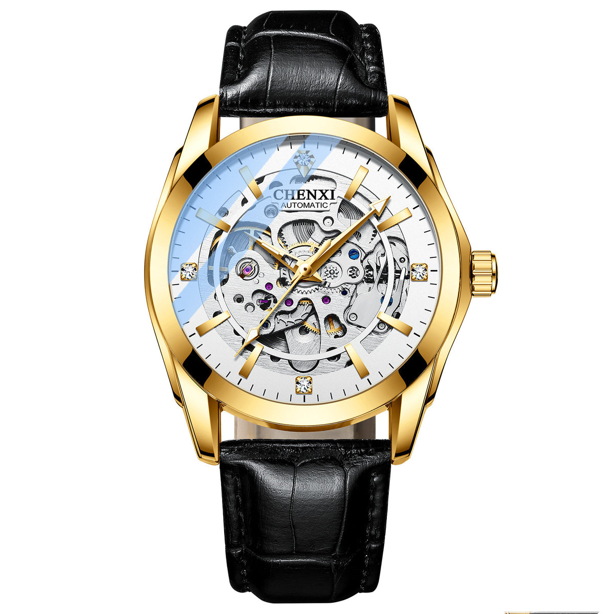 Gold mechanical watch with black leather strap, skeleton dial and side crown.