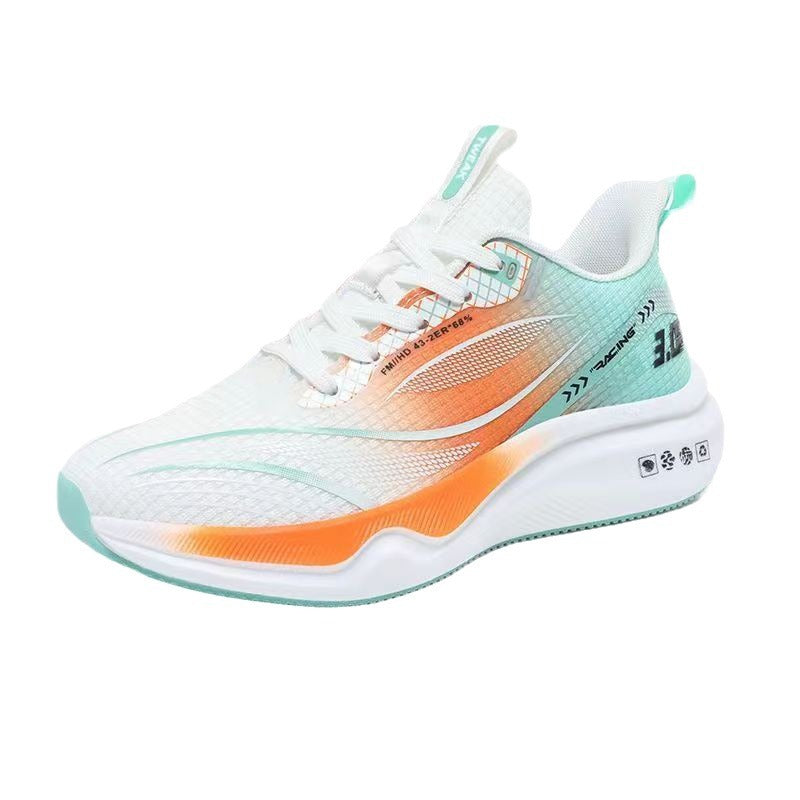 Men's mesh sneakers in white with orange and teal accents, lace-up, studio view