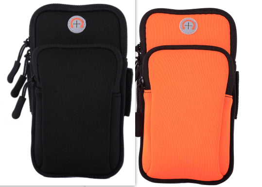 Black and orange running phone pouches with black trim, zipper closures, and side attachment
