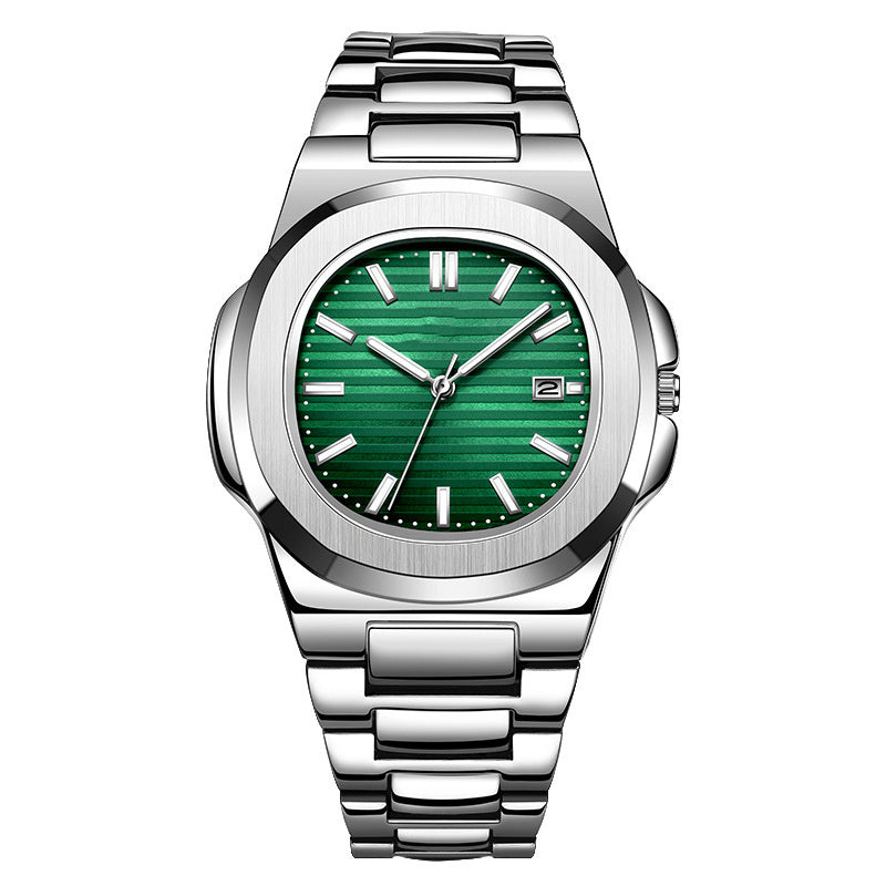 Silver watch with a green face on a white background