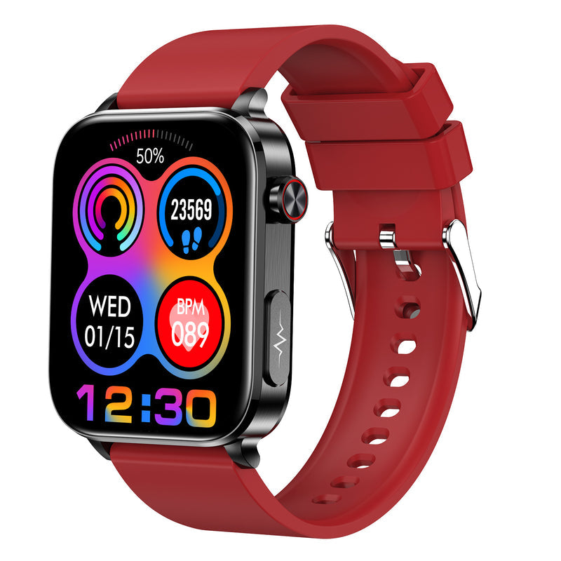 TK15 smartwatch with red silicone strap and multicolor activity-ring watch face