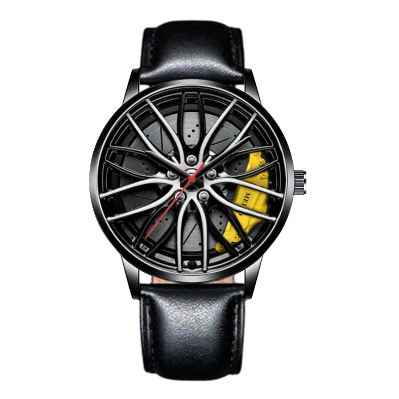 Men’s quartz wristwatch with black leather strap; racing wheel dial with yellow accents