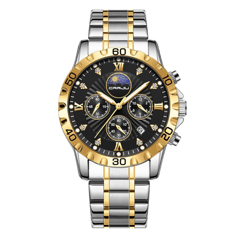 Two-tone quartz business watch with calendar, black dial, gold bezel and silver-gold bracelet.