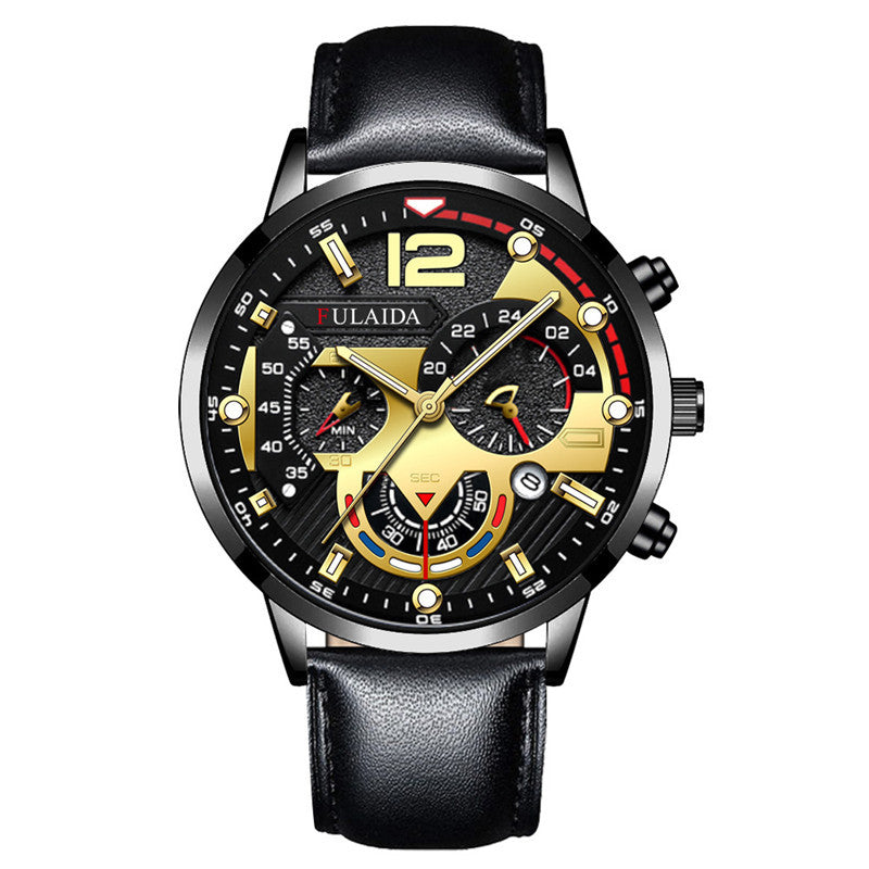 Luxury watch with black leather strap and gold detailed face on a white background