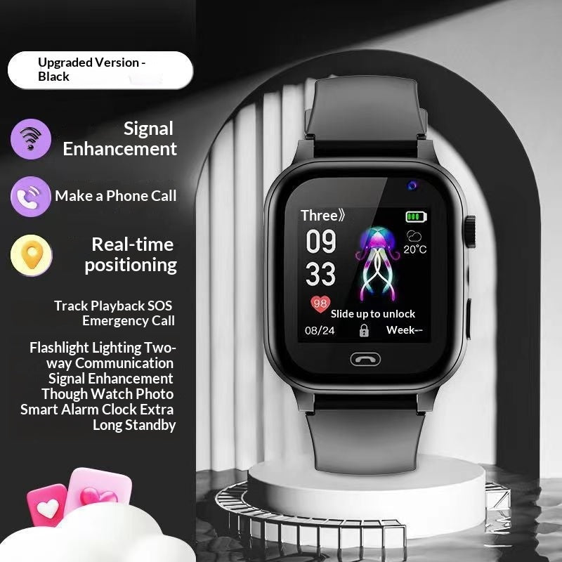 Kids smartwatch with dark gray silicone strap and black touch screen showing time and date
