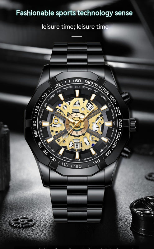 Black steel skeleton quartz watch with gold-toned openwork dial and chronograph bezel