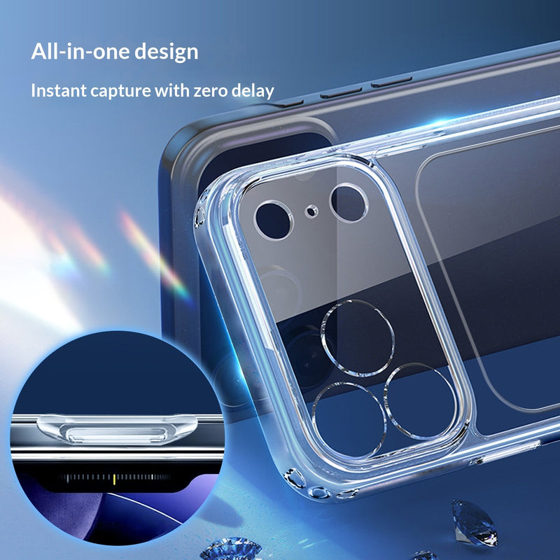 Transparent all-in-one iPhone case with camera cutouts and raised frame