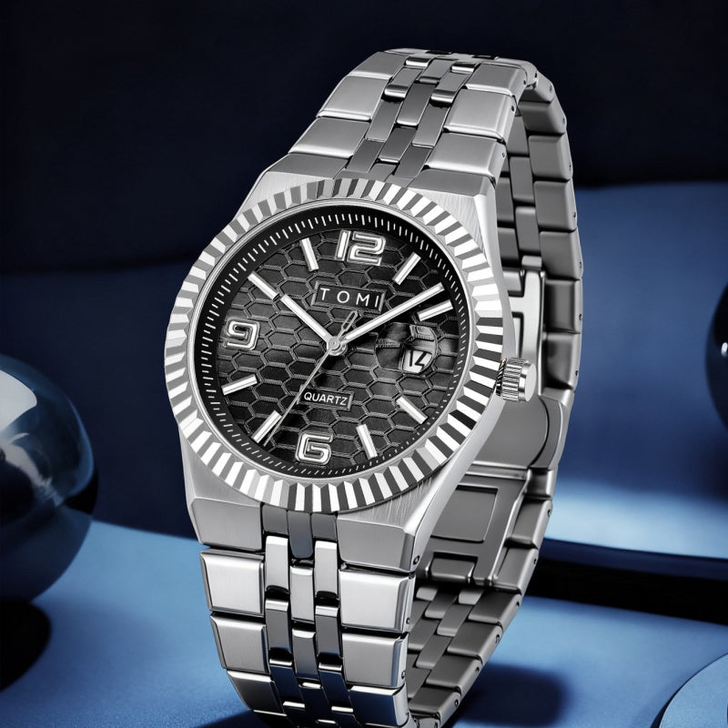 Men's minimalist quartz dress watch with silver metal bracelet and black honeycomb dial