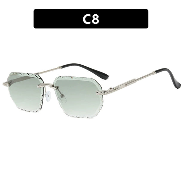 Square small sunglasses with metal trim, mint green tinted lenses and black arms