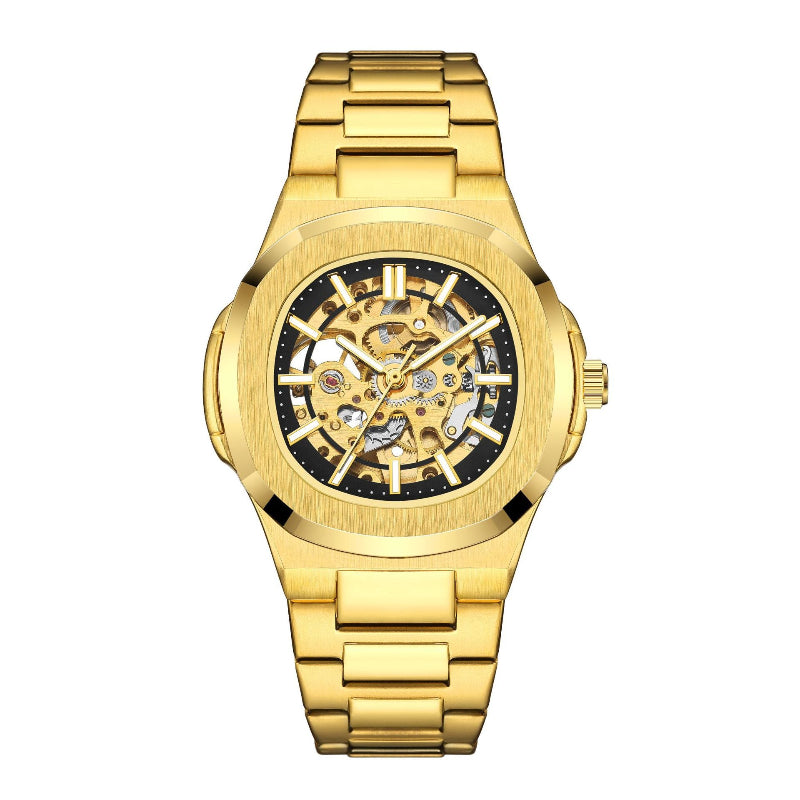 Gold-tone skeleton watch with dark blue dial center and metal link bracelet