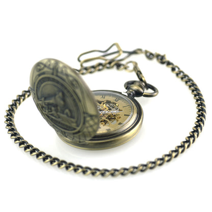 Vintage-style pocket watch with chain on a white background