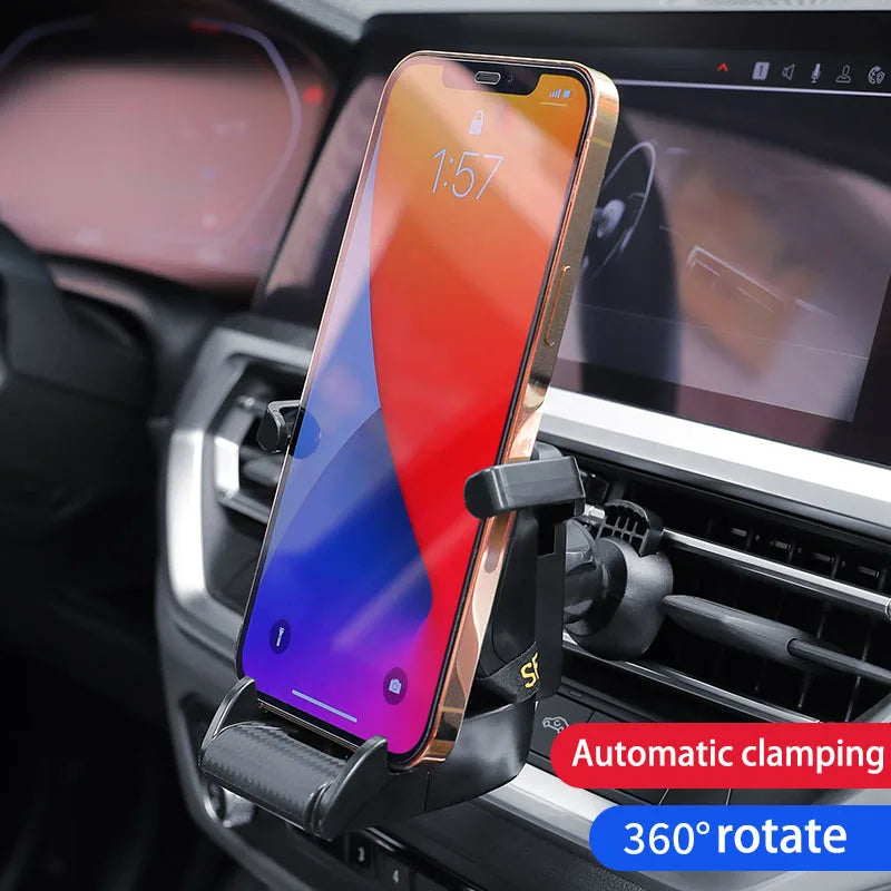 Racing seat car phone holder with automatic clamping and 360° rotating phone mount