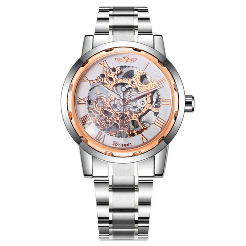 Mechanical wristwatch with stainless steel bracelet, copper skeleton dial, Roman numerals