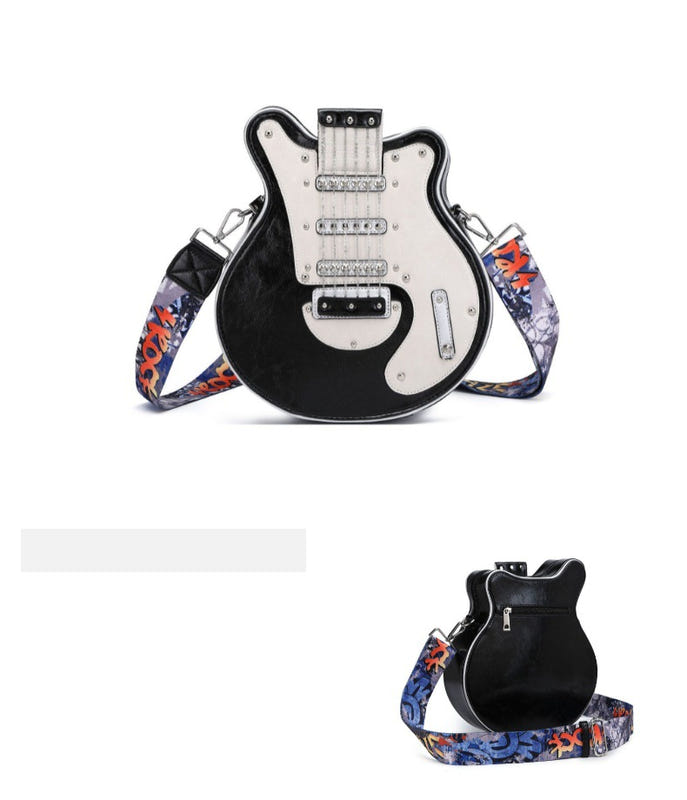 Guitar-shaped crossbody bag with black-and-white front and patterned guitar strap