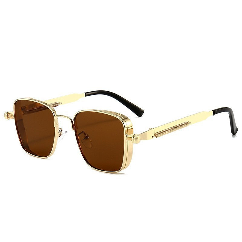 Gold square sunglasses with amber tinted lenses and black temple tips