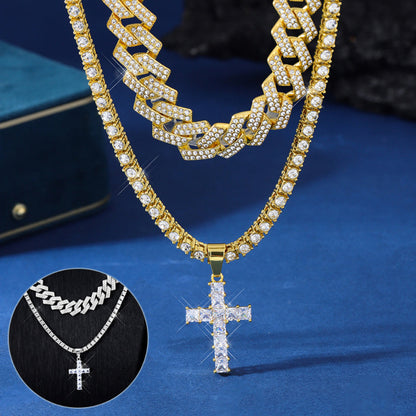 Gold chain necklace with a cross pendant on a blue background