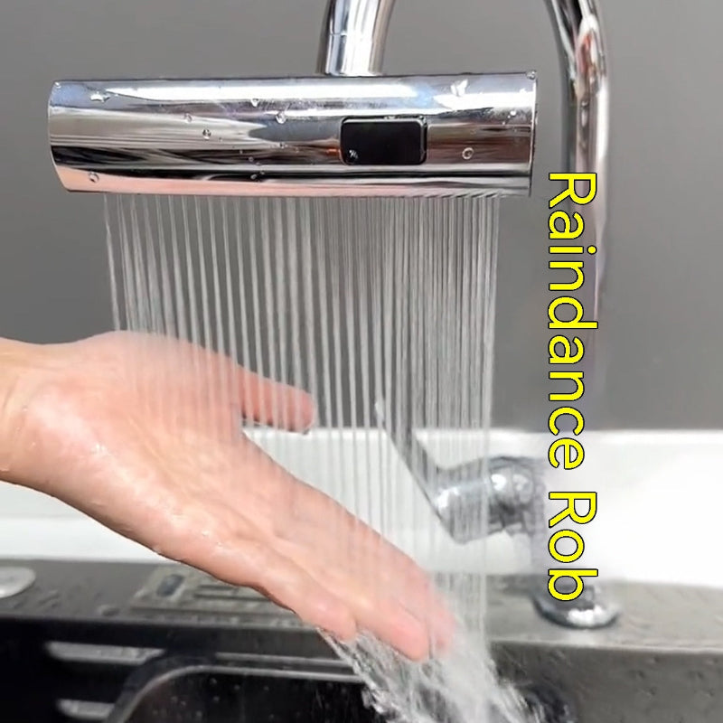 Hand washing under a shower head labeled 'Raindance Rob' with a gray background