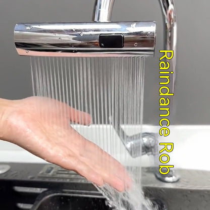 Hand washing under a shower head labeled 'Raindance Rob' with a gray background