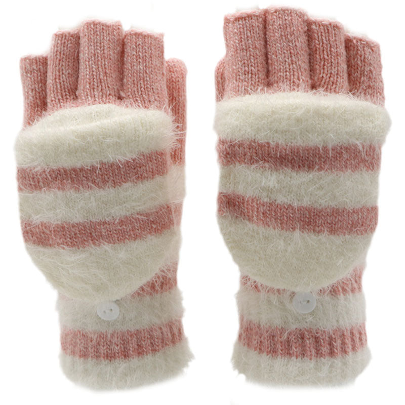 Pair of striped fingerless gloves with a white background