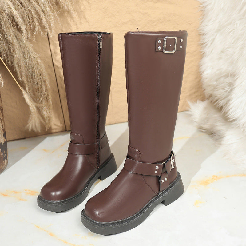 Pair of women's high-top boots with square heel and side belt buckle, brown