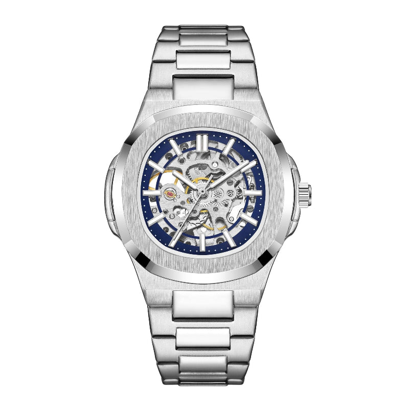 Men's mechanical skeleton watch with silver metal bracelet and blue open-work dial