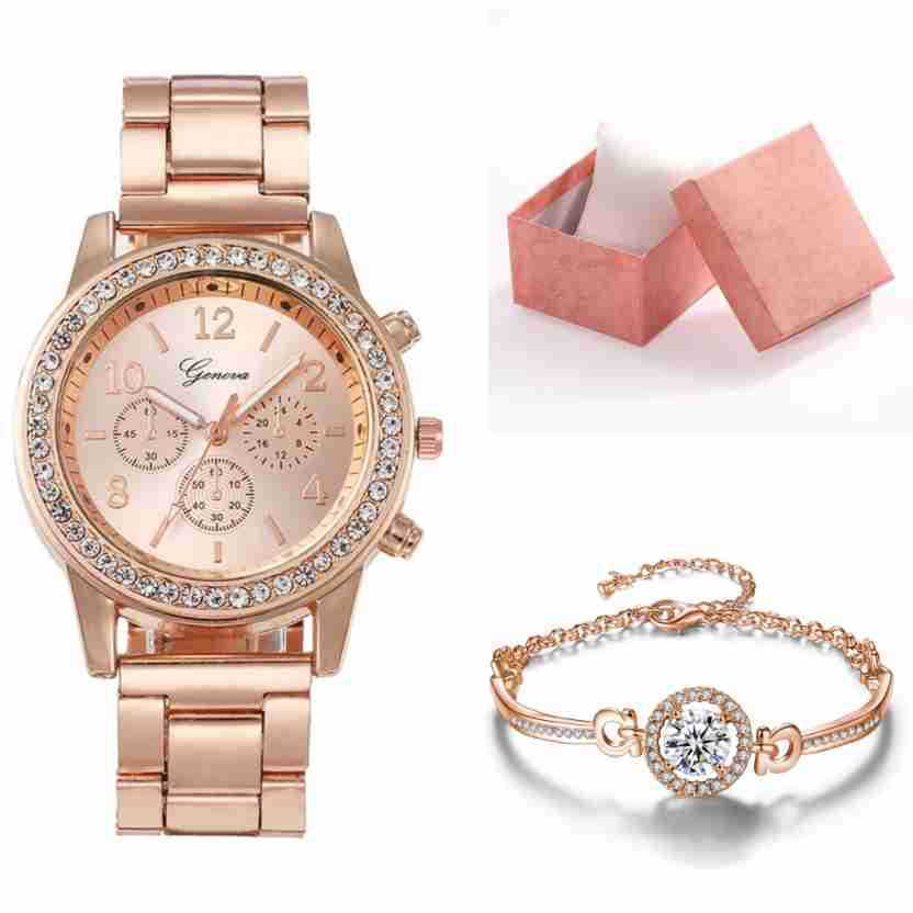 Rose gold watch and bracelet set with open pink box on a white background