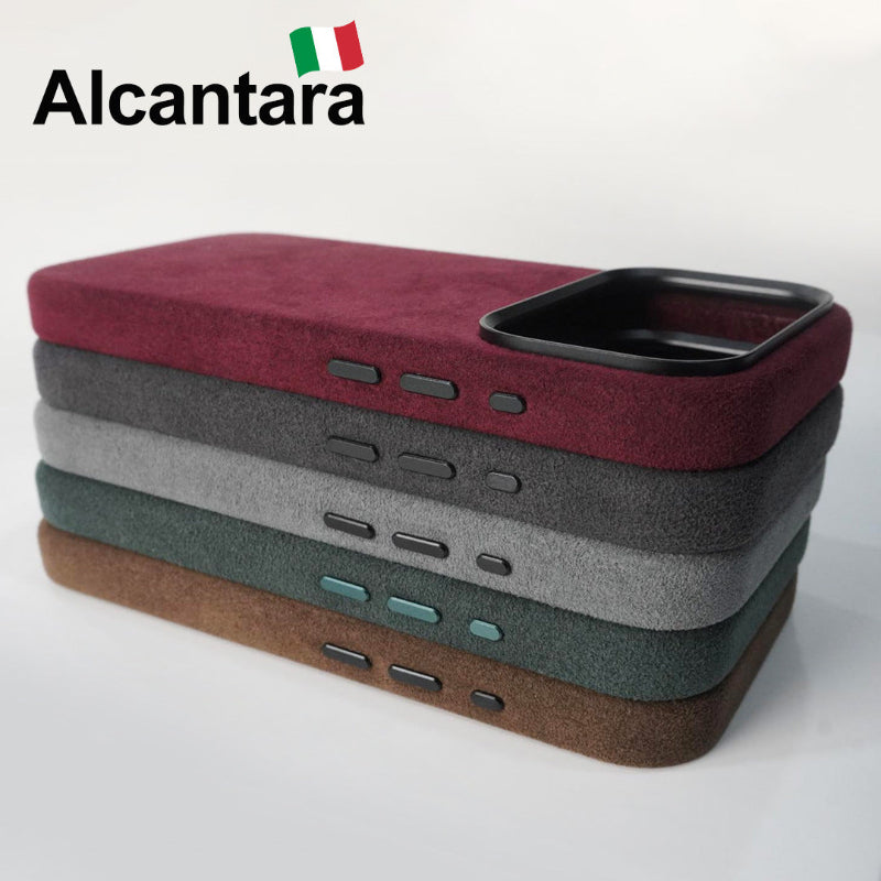 Stack of phone cases in red, gray, green, and brown with Alcantara logo above. YAXSO UAE ONLINE STORE