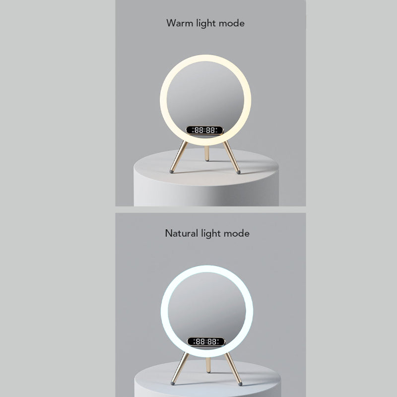 Two views of a round mirror with LED lights on a gray background, one labeled 'Warm light mode' and the other 'Natural light mode'.
