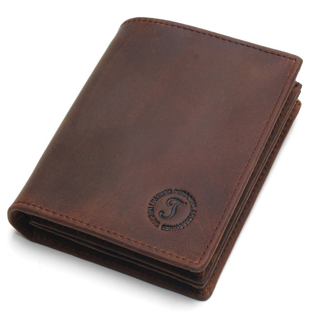 Brown leather men's wallet with embossed emblem near bottom and card slots showing