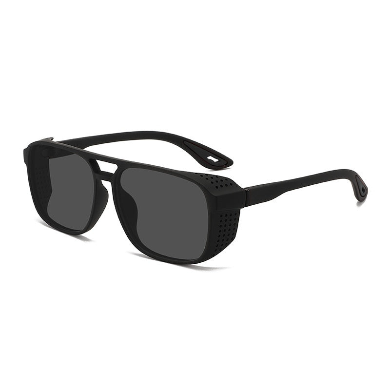 Black sunglasses with dark lenses on a white background