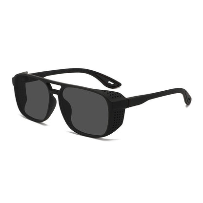 Black sunglasses with dark lenses on a white background