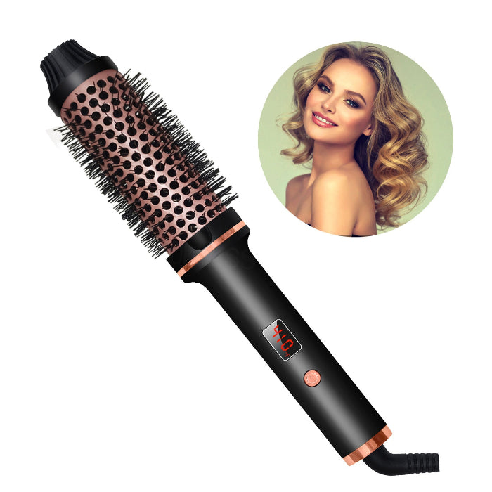 Black hot air hair curler with barrel comb, copper-toned pins, and display window