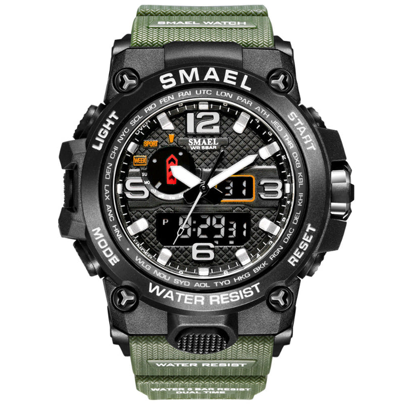 Men's sports alarm wristwatch with black case and green camouflage strap, digital display