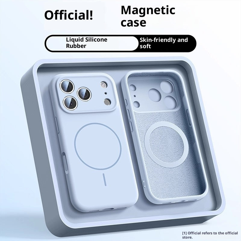 Two phone cases in a box with text highlighting features like 'Official!', 'Magnetic case', 'Liquid Silicone Rubber', and 'Skin-friendly and soft'.
