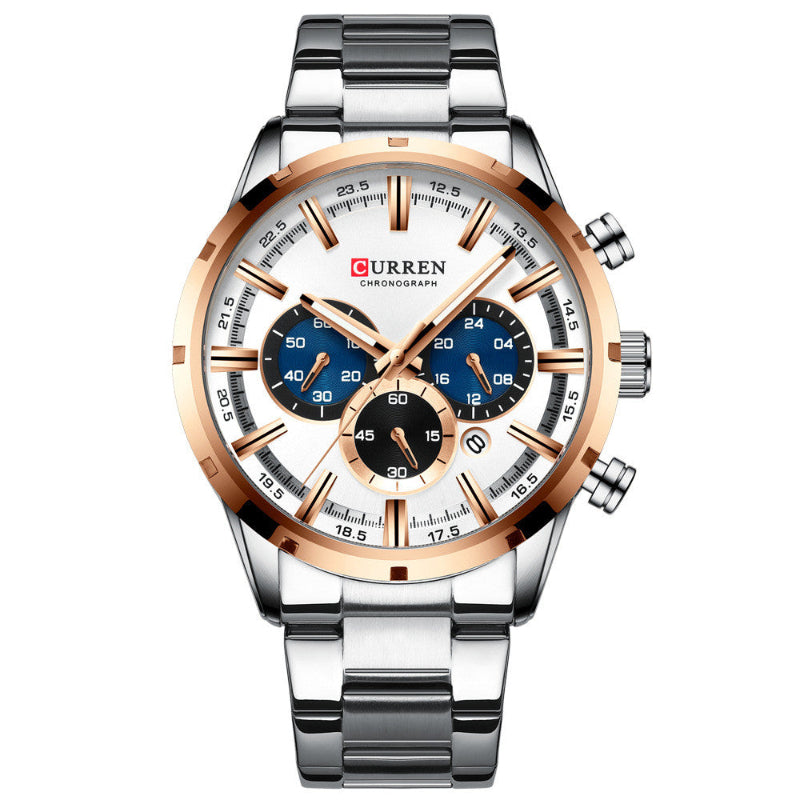 Men's business quartz watch with white dial, rose-gold accents, and silver metal bracelet