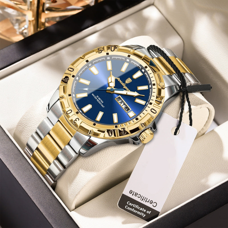 Luxury watch with gold and silver band in a box, featuring a blue dial.