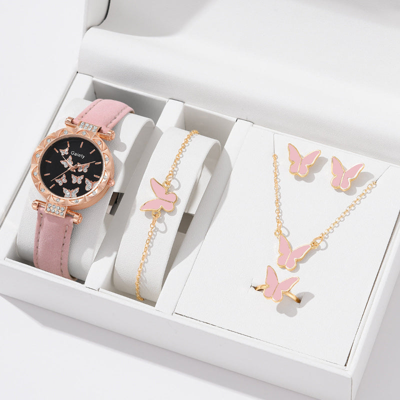 Rose-gold butterfly quartz watch with pink leather strap, jeweled bezel and butterfly dial