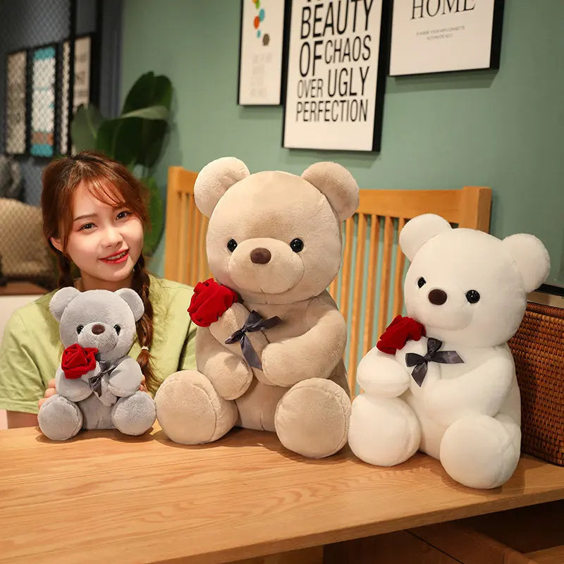 Woman with three teddy bears of different colors YAXSO UAE ONLINE STORE
