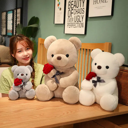 Woman with three teddy bears of different colors YAXSO UAE ONLINE STORE