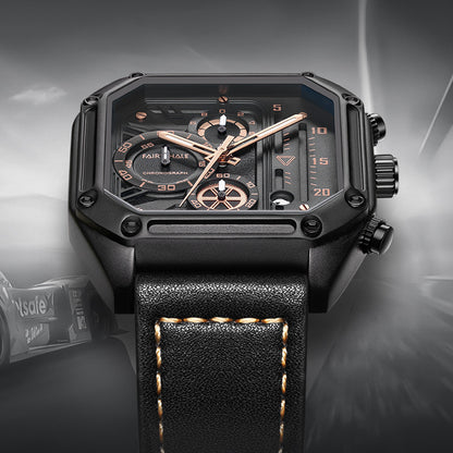 Luxury black watch with detailed face and leather strap on a gray background