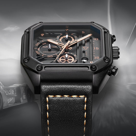 Luxury black watch with detailed face and leather strap on a gray background